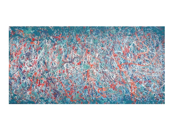 A Original Drip painting- 15 x 30 Jackson Pollock Style Turquoise Blue Rainbow -Abstract- Contemporary Painting- Surrealist - Skye Taylor