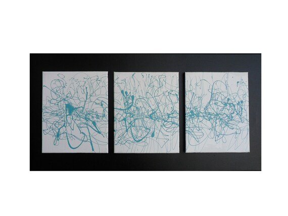 Triptych Pollock style Canvas 15 x 30 Original Painting 3 panel painting- Blue -Minimalist Drip Abstract-Painting- Surrealist - Skye Taylor