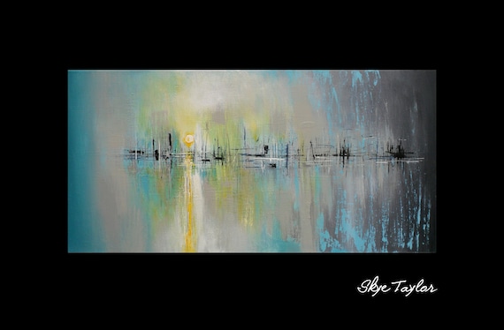 Landscape 24 x 48 Original painting- Abstract -Sunrise-Coastal Docks - Blue water -Modern Abstract- Palette Knife -OOAK-Tomorrow-Skye Taylor