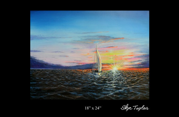 A Ultimate Sailboat Lovers Gift Original Painting 18 x 24 Seascape- Sunset-Sunrise -Ocean Sunset- Sailing Wall art-Home Decor-by Skye Taylor