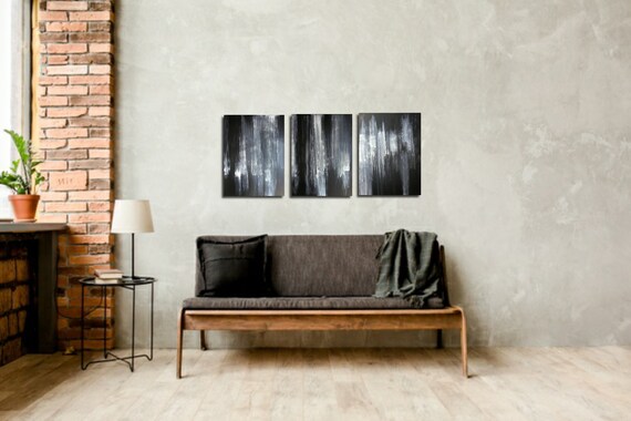 Triptych 24 x 54 Black and White Original painting- Palette Knife - Gerhard Richter -Minimalist- Abstract Painting -OOAK -Skye Taylor Artist