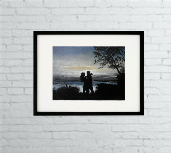 Gift for Lovers Original painting- 11 x 14 -Man Woman Silouette - Sunset- Pond- Romantic art- Acrylic on Paper -OOAK- Art- Skye Taylor