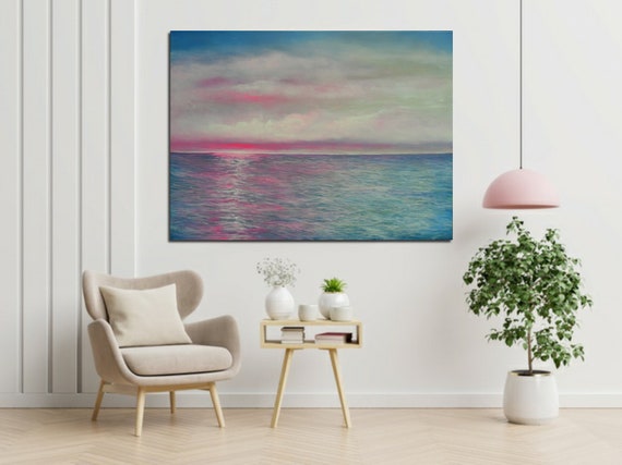 Seascape- 30 x 40- Original painting-Pink Miami Sunset - Modern- Ocean- Pink and Blue - Ocean Sunset -  OOAK -Skye Taylor