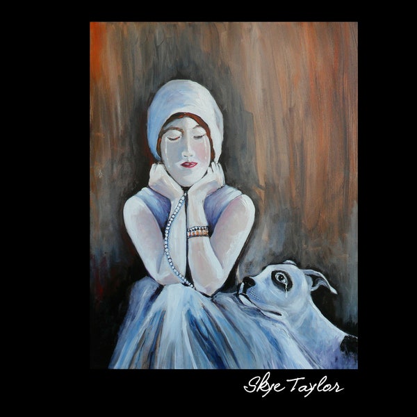 A ORIGINAL Painting -20 x 16 - Its Over -Young Lady Crying Black Eye Dog -Acrylic Art -Home Decor-Bedroom-Edward Hopper-like by Skye Taylor