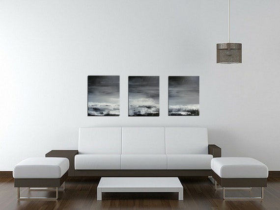 A Original painting- 20 x 48 -Triptych - Abstract Seascape painting -  Black and White  Painting  - Night Sea -OOAK - Skye Taylor Artist