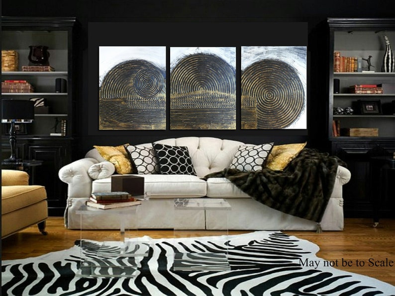 A Triptych 20 x 48 Black and Bronze Gold Highly Textured Abstract painting Art Impasto Pallet Knife Skye Taylor image 3