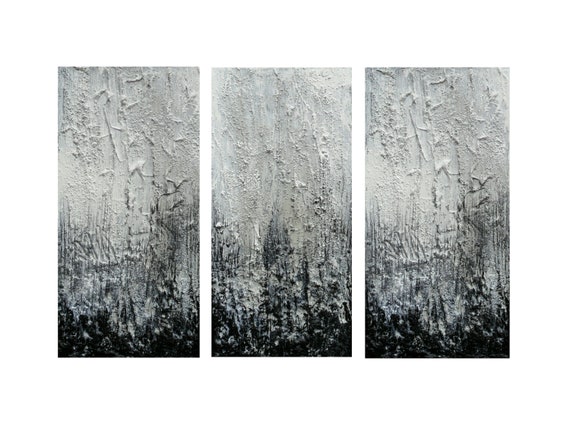 A Triptych 20 x 30 Thick Impasto Heavy Textured Original painting- Gray White Black -Abstract- Minimalist Painting- Surrealist - Skye Taylor
