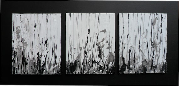 Triptych Panel 15 x 30 Original 3 panel painting- Black White Gray -Minimalist Abstract- Contemporary Painting- Surrealist - Skye Taylor