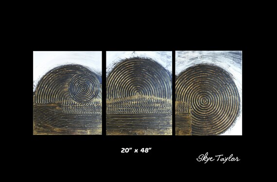 A Triptych -20 x 48 - Black and Bronze Gold -Highly Textured Abstract painting Art -Impasto -Pallet Knife -Skye Taylor