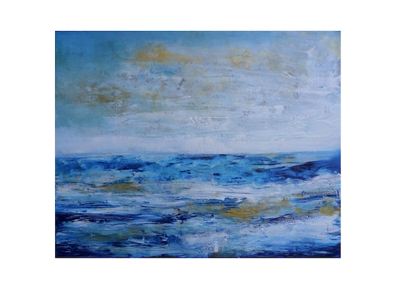 A Impressionism Original Acrylic 18 x 24 Seascape Blue Gold Painting- Sunset- Ocean- OOAK- Wall art-Home Decor-by Skye Taylor