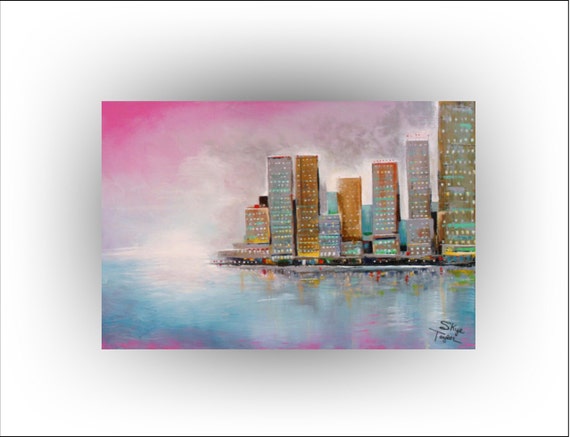 A Cityscape 24 x 36 Original painting- Skyline Painting- Pink Tea artl- Sunset painting -Acrylic on Canvas - Skye Taylor