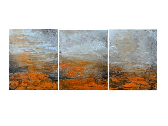 A Abstract Triptych-20 x 48-Orange Abstract with Brown Textured Impasto Palette Knife Mixed Media Acrylic Art-Skye Taylor