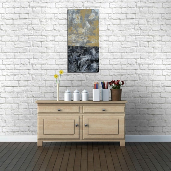 HEAVY TEXTURE 30 x 15 Original painting- Yellow Gray Black -Abstract- Minimalist Painting- Surrealist - Skye Taylor