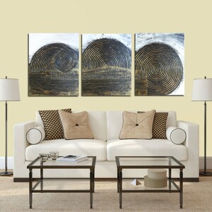 A Triptych 20 x 48 Black and Bronze Gold Highly Textured Abstract painting Art Impasto Pallet Knife Skye Taylor image 4