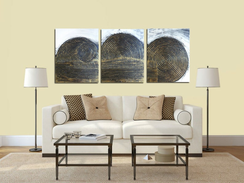 A Triptych 20 x 48 Black and Bronze Gold Highly Textured Abstract painting Art Impasto Pallet Knife Skye Taylor image 4