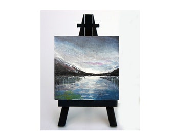 Miniature Hand Painted Original Painting -Easel Included -Lake - Water - Mountains - Lake Sunset - Birthday Gift -2.75 x 2.75 by Skye Taylor