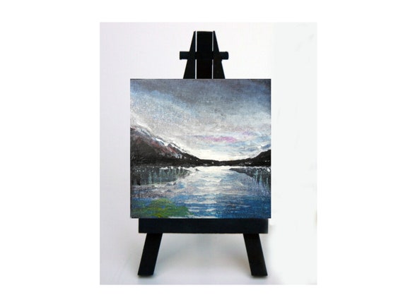 Miniature Hand Painted Original Painting -Easel Included -Lake - Water - Mountains - Lake Sunset - Birthday Gift -2.75 x 2.75 by Skye Taylor