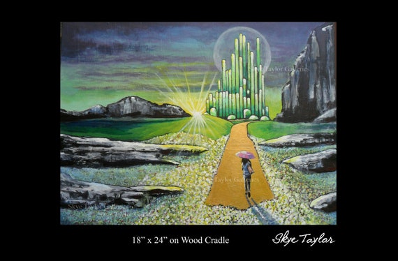 Yellow Brick Road Emerald City - Oz -ORIGINAL Painting 18 x 24 Girl Umbrella Journey to Oz Wizard of Oz Fan Gift Surreal Art by Skye Taylor