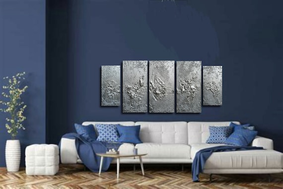 A Original painting -  16 x 36  Pentaptych Pewter Silver Sculpture 5 Panels Textured abstract painting - Skye Taylor