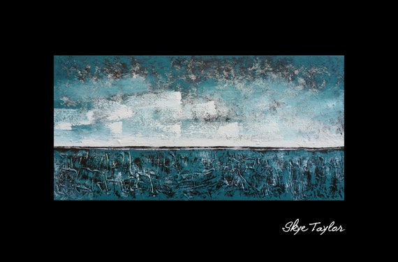 A Turquoise painting 24 x 48 Heavy Textured Abstract - Acrylic Art- Teal Green Black and White Colorful Canvas Art - Surrealist -Skye Taylor