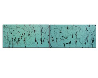 A Diptych Drip painting- 15 x 60 Jackson Pollock Style Turquoise Green -Original Abstract- Contemporary Painting- Surrealist - Skye Taylor