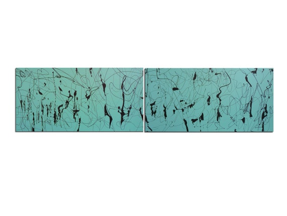 A Diptych Drip painting- 15 x 60 Jackson Pollock Style Turquoise Green -Original Abstract- Contemporary Painting- Surrealist - Skye Taylor