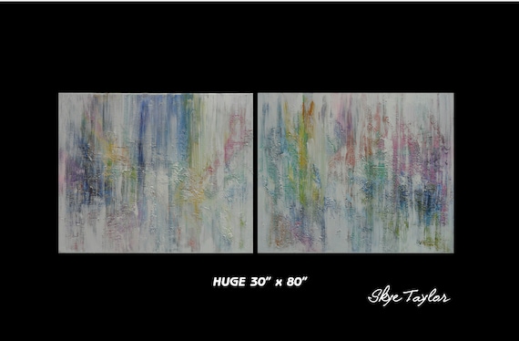 A HUGE 30 x 80 Original White painting, Diptych -Minimalist, Rainbow, Abstract, Palette Knife, Office art-Skye Taylor