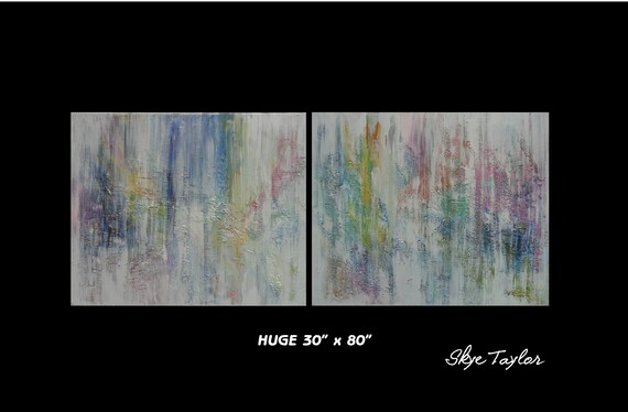 A HUGE 30 x 80 Original White painting, Diptych -Minimalist, Rainbow, Abstract, Palette Knife, Office art-Skye Taylor