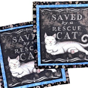 Saved by a Rescue Cat Mug Rugs, Quilted Kitty Themed Handmade Mini Quilts, Dark Gray and Blue Cat Lovers Set of 2 image 3