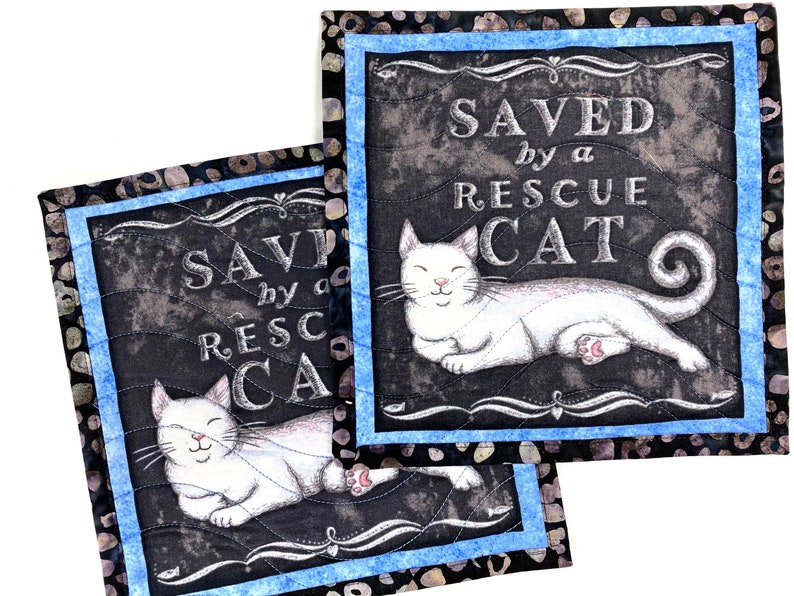 Saved by a Rescue Cat Mug Rugs, Quilted Kitty Themed Handmade Mini Quilts, Dark Gray and Blue Cat Lovers Set of 2 image 3