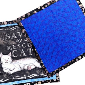 Saved by a Rescue Cat Mug Rugs, Quilted Kitty Themed Handmade Mini Quilts, Dark Gray and Blue Cat Lovers Set of 2 image 5