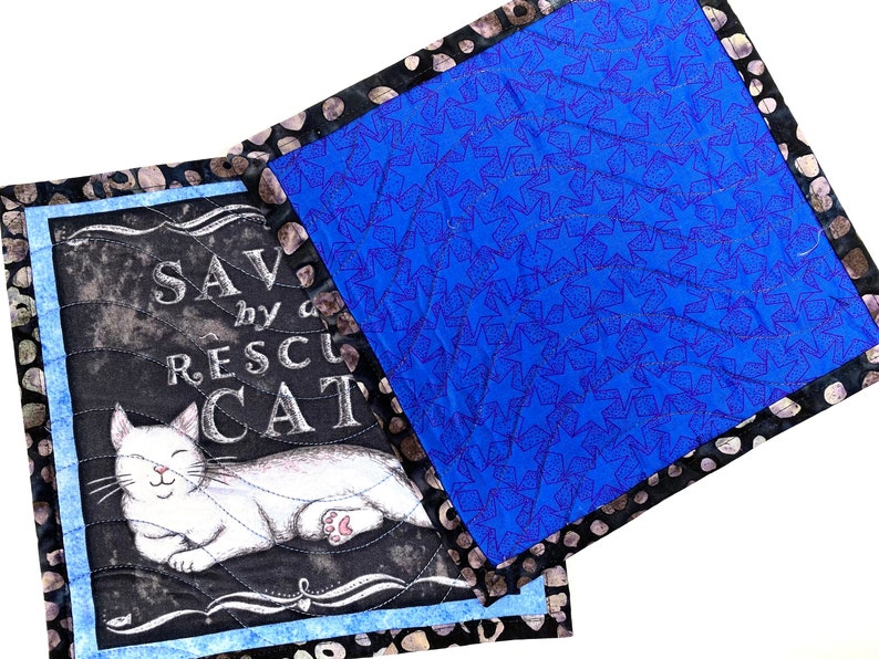 Saved by a Rescue Cat Mug Rugs, Quilted Kitty Themed Handmade Mini Quilts, Dark Gray and Blue Cat Lovers Set of 2 image 5