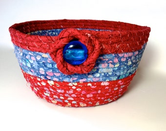 Coiled Rope Basket , Large Fabric Bowl , Farmhouse Patriotic Decor , Red White Blue , Independence Day , Fiber Art Organizer , Clothesline