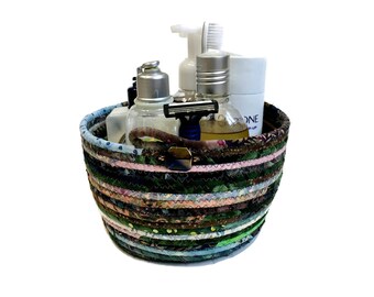 Coiled Rope Basket Scrappy Batik Quilted Fiber Art Mulit Color Fabric Bowl Organizer Clothesline Basket Bathroom Decor Quilts for Sale