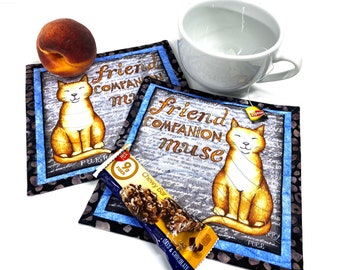 Handmade Cat 8 X 8 Inch Mug Rugs, Quilted Kitty Themed Mini Quilts, Orange Tabby Cat Lovers Set of 2