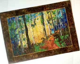Art Quilt Birch Tree Sunrise Confetti Fiber Art Quilted Wall Hanging Landscape Fabric Wall Decor Woodland Path Sally Manke Fiber Artist