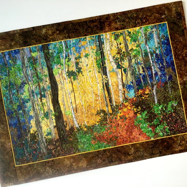 Art Quilt Birch Tree  Sunrise Confetti Fiber Art  Quilted Wall Hanging  Landscape Fabric Wall Decor  Woodland Path  Sally Manke Fiber Artist