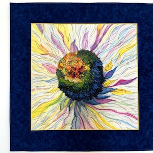 Daisy Art Quilt, Floral Fiber Wall Hanging, Navy Yellow Decor, Quilted Wall Art, Mixed Medium, Sally Manke Fiber Art, Inktense Confetti
