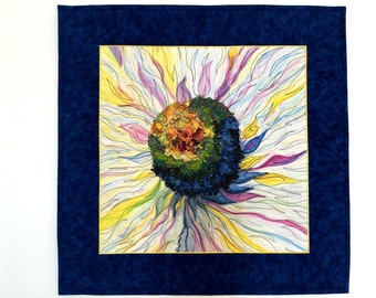 Daisy Art Quilt, Floral Fiber Wall Hanging, Navy Yellow Decor, Quilted Wall Art, Mixed Medium, Sally Manke Fiber Art, Inktense Confetti