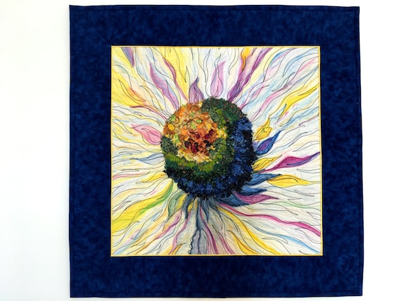 Daisy Art Quilt, Floral Fiber Wall Hanging, Navy Yellow Decor, Quilted Wall Art, Mixed Medium, Sally Manke Fiber Art, Inktense Confetti