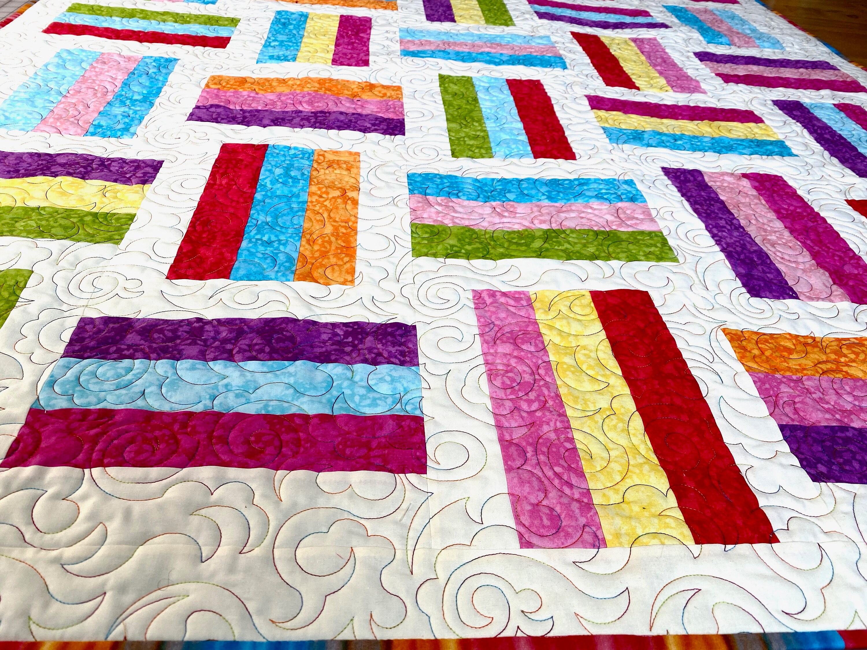 Modern Rail Fence Quilt, Jelly Bean Colors, Patchwork Lap Size, Quilted ...