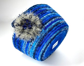 Coiled Rope Quilted Clothesline Basket or Bowl, Blue Glitzy Batik Decor,Functional Fiber Art