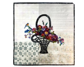 Flower Basket Art Quilt - Floral -  Quilted Wall Hanging - Fiber Art - Birds and Flowers - Mother's Day Gift - Sally Manke Fiber Artist