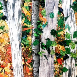 Quilted Wall Hanging, Fiber Art, Woodland Sunrise, Confetti Quilt Landscape, Autumn Birch Tree Decor, Sally Manke, Art Quilts for Sale 23X20 image 5