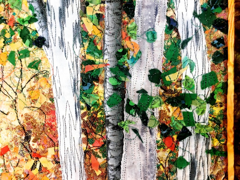 Quilted Wall Hanging, Fiber Art, Woodland Sunrise, Confetti Quilt Landscape, Autumn Birch Tree Decor, Sally Manke, Art Quilts for Sale 23X20 image 5