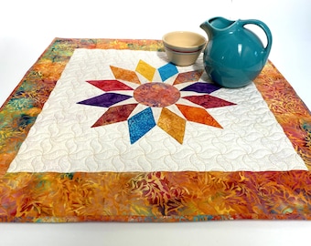 Batik Table Topper, Sunburst Rainbow Design, Geometric Art Quilt, Handmade, 32 X 32 Inches, Quilted Wall Art, Modern Decor, Sally Manke