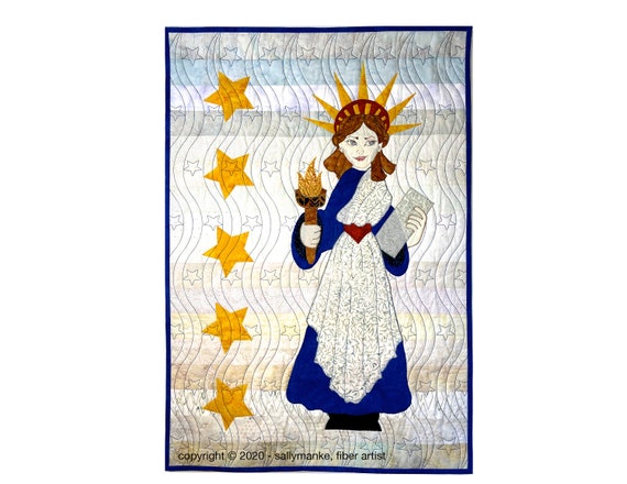 Lady Liberty Art Quilt, Bright Red White Blue, Patriotic Wall Hanging, Quilted Door Banner, Americana, Quilt Door Decor, Original Fiber Art