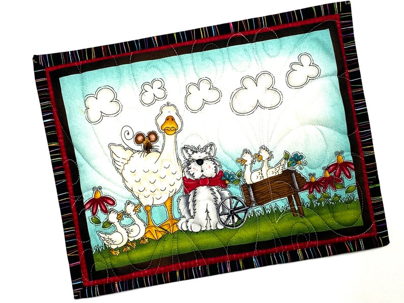 Quilted Mug Rugs, Set of 2 Mini Quilt Placemats for Critter Lovers, Farm Animal Cute Fiber Art, Puppy Mouse Pad, image 3