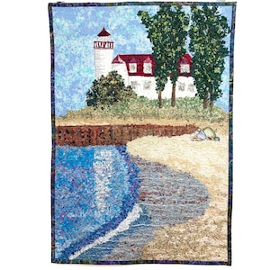 Art Quilt  Point Betsie Lighthouse Frankfort Michigan Confetti Quilt Wall Hanging 31" high x 22" wide Beach Fiber Art Sally Manke, Fiber Art