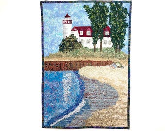 Art Quilt  Point Betsie Lighthouse Frankfort Michigan Confetti Quilt Wall Hanging 31" high x 22" wide Beach Fiber Art Sally Manke, Fiber Art